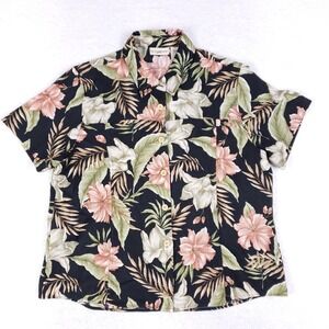 TravelSmith Floral Hawaiian Camp Shirt Women's XL Black Tropical Button Up